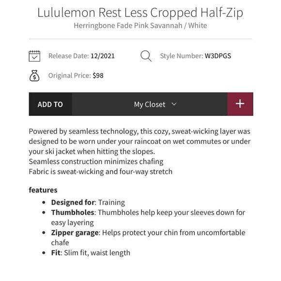 Lululemon Restless crop half zip long sleeves top, blush, Size 2 J149 - Picture 3 of 10